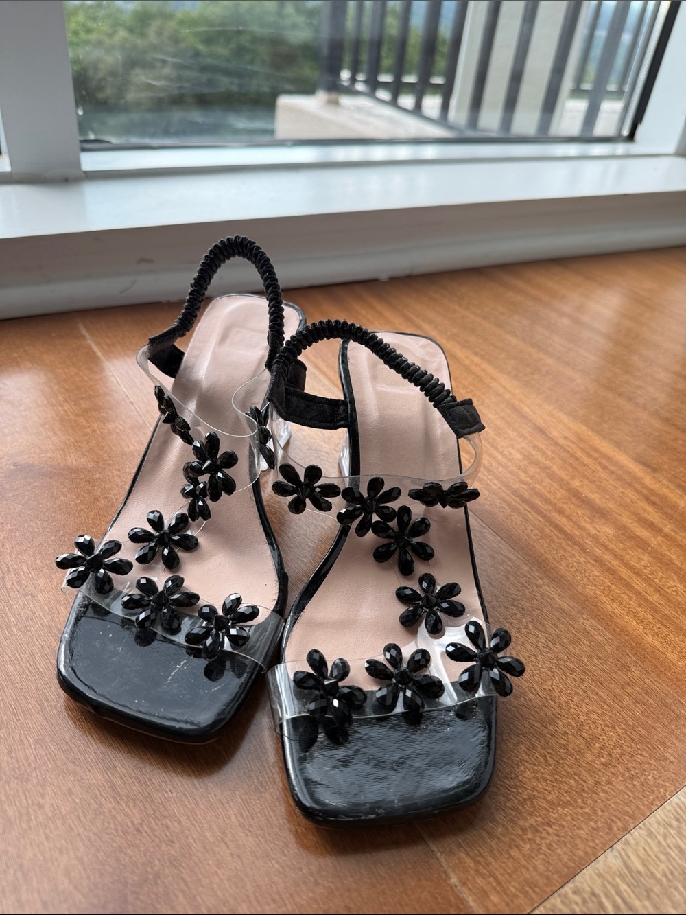 Women’s Black Floral Strap Sandals - Clear Upper